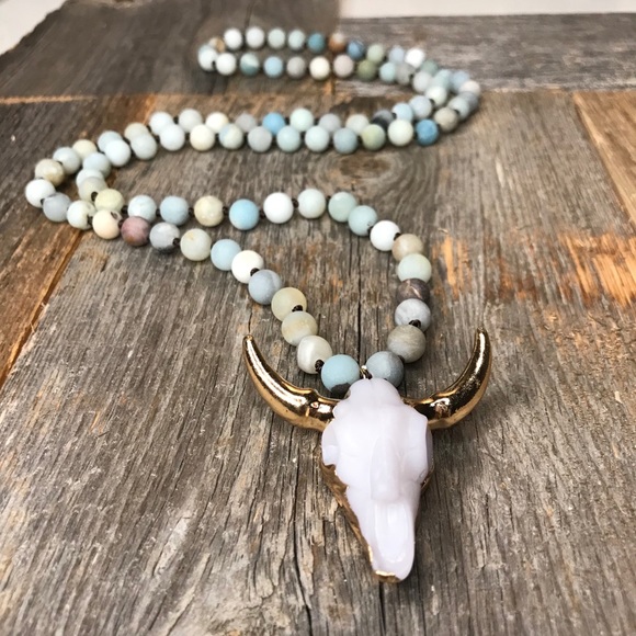 Natural Amazonite Stone Skull Bohemian Necklace - Picture 3 of 6